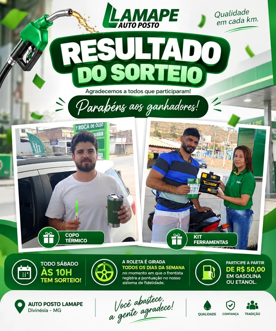 Resultado do sorteio do programa de fidelidade do Auto Posto Lamape